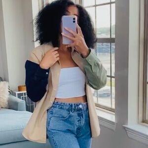 Tan Two-Toned Navy & Green Sleeve Boyfriend Button-Down Shirt